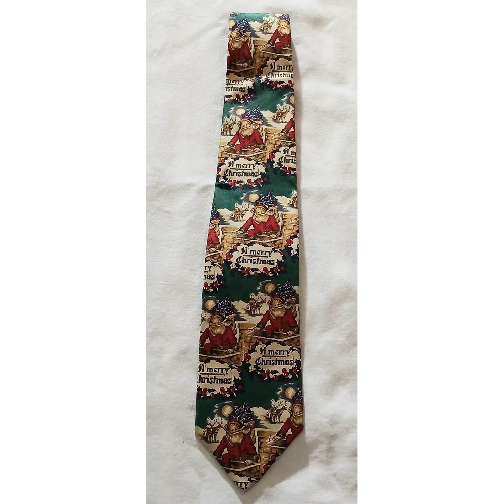Robert Talbott Silk Tie Mens Green Santa Merry Christmas‎ Holiday Print Necktie
